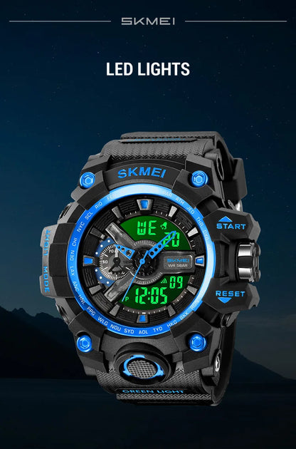 SKMEI Men's Shockproof Military Sports Watch – Dual Time, LED Display, Waterproof, Alarm, Chrono, Big Dial
