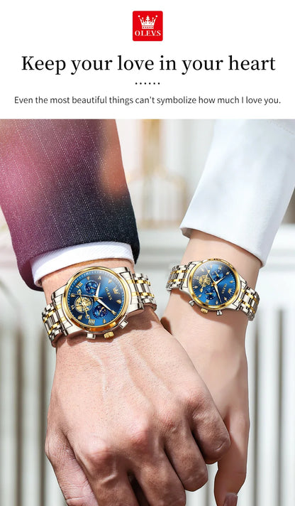 OLEVS Luxury Flywheel Design Couple Wristwatch Chronograph Waterproof Moon Phase Watch Brand Original Quartz Watch for Men Women