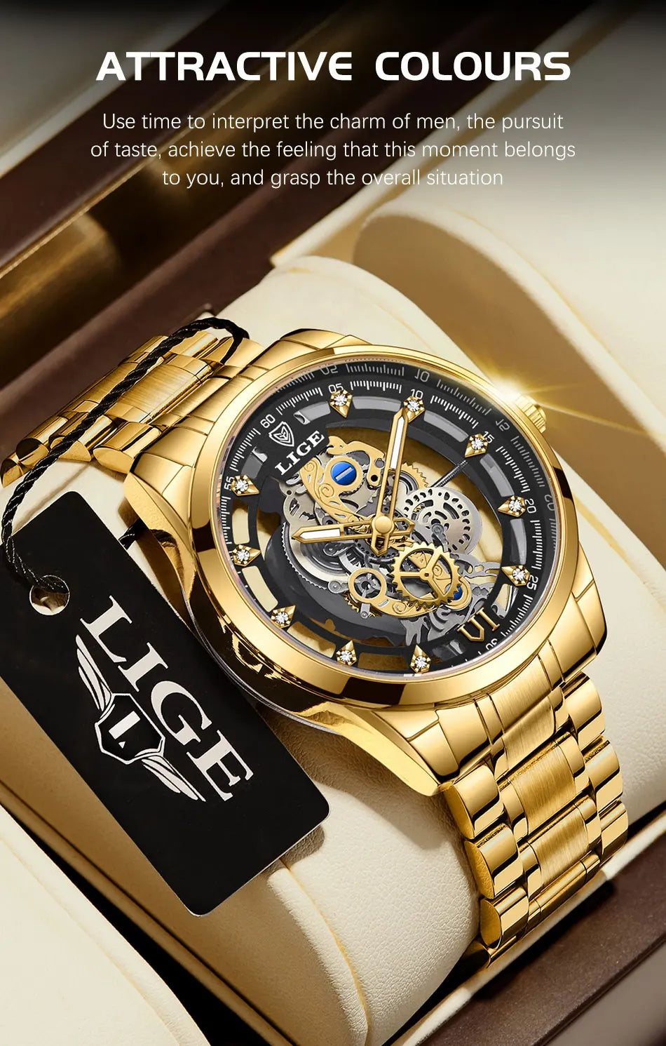 LIGE Men's Skeleton Quartz Watch – Luxury Retro Gold Wristwatch, Stainless Steel, Waterproof, Casual/Formal