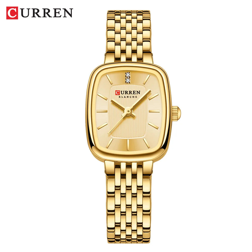 CURREN 9093 Women's Fashion Quartz Watch – Elegant Square Gold Dial with Stainless Steel Strap, Waterproof