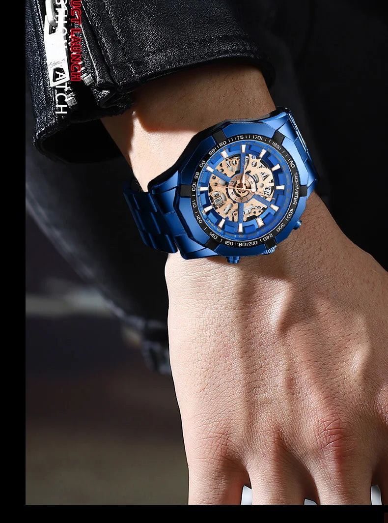 Luxorive BlueCore X – 2025 Luxury Skeleton Steel Watch for Men