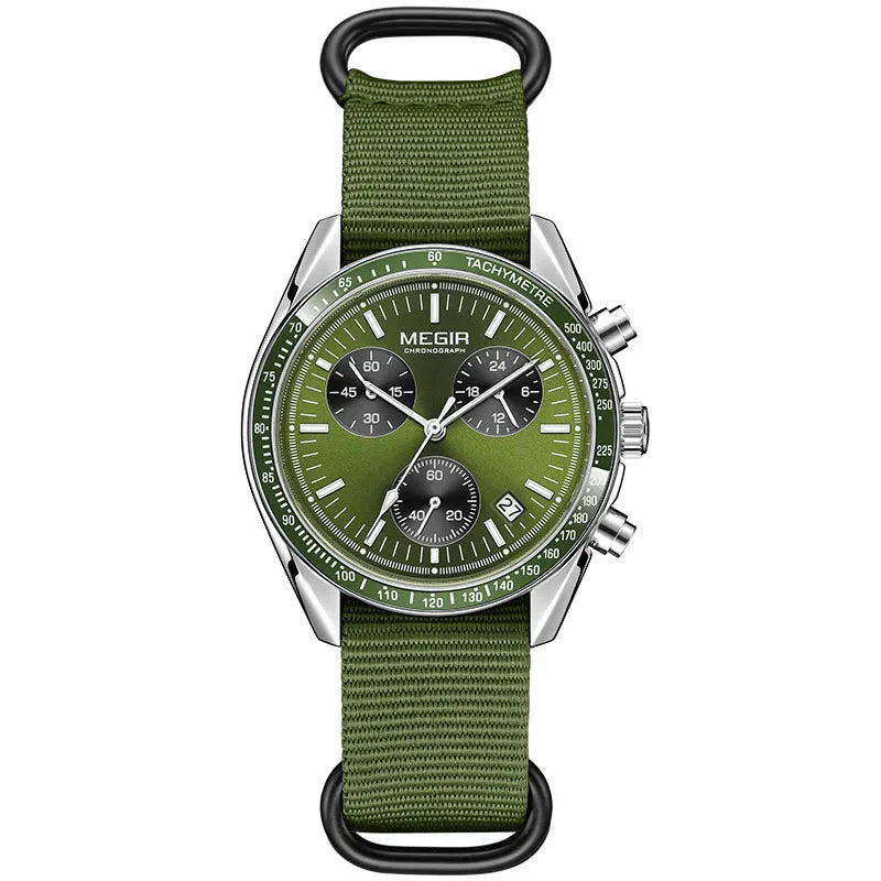MEGIR New Men's Nylon Braided Strap Waterproof Night-light Sports Quartz Watch with Chronograph Fashion Triple-eye Wristwatch wi