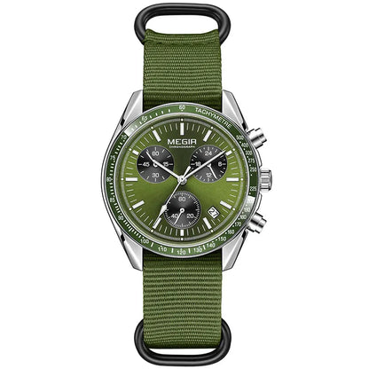 MEGIR New Men's Nylon Braided Strap Waterproof Night-light Sports Quartz Watch with Chronograph Fashion Triple-eye Wristwatch wi