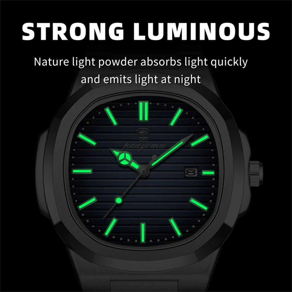 PENGAGAR Luxury Watch Business 50 ATM Waterproof Male Clock Luminous Date Stainless Steel Square Quartz Men Watches reloj hombre