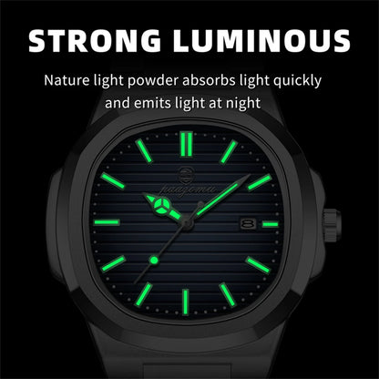 PENGAGAR Luxury Watch Business 50 ATM Waterproof Male Clock Luminous Date Stainless Steel Square Quartz Men Watches reloj hombre