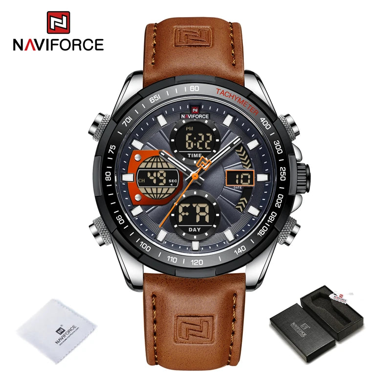 2025 NAVIFORCE Sport Watches for Men Strong Luminous Dual Display Waterproof Quartz Genuine Leather Wristwatch Relogio Masculino