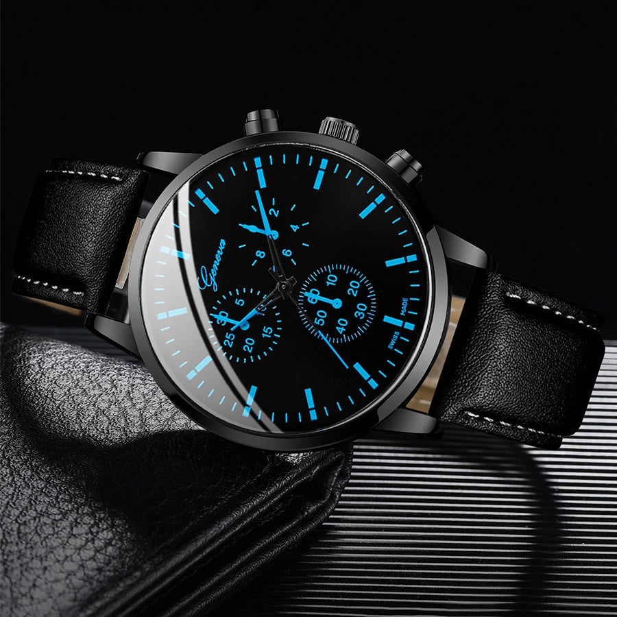 Luxorive Executive Trio  – Men’s Business Quartz Watch with Leather Strap + Necklace & Bracelet Set