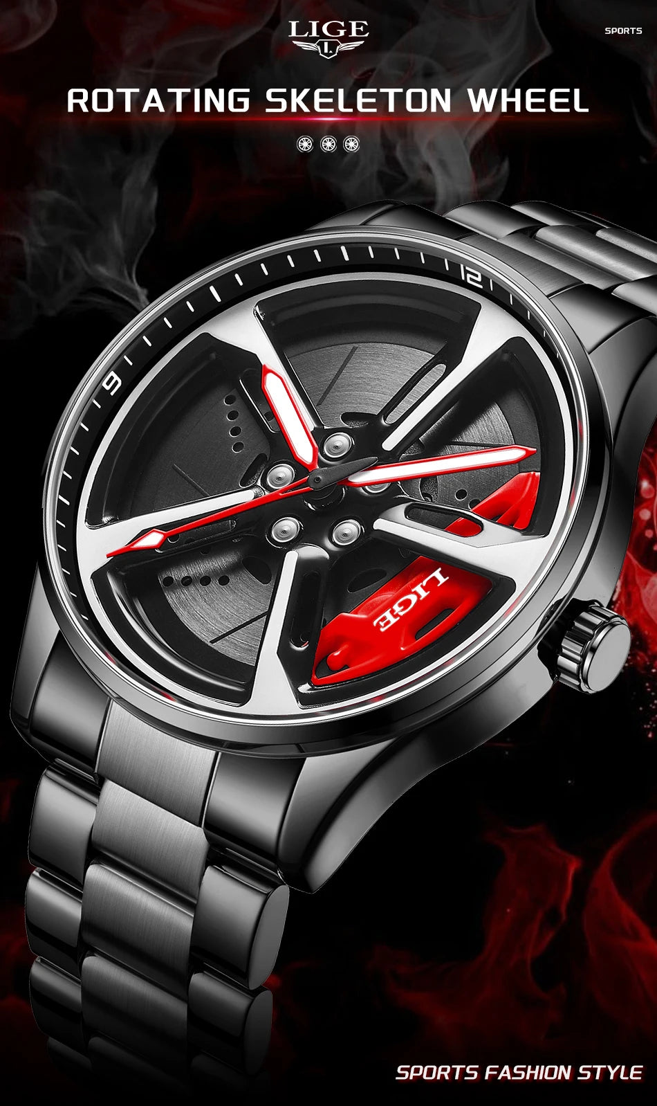 LIGE New Sports 3d Xiaomi Car Wheel Watch Fashionable Rotating Dial Stainless Steel Strap Waterproof Quartz Watches reloj hombre