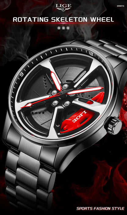 LIGE New Sports 3d Xiaomi Car Wheel Watch Fashionable Rotating Dial Stainless Steel Strap Waterproof Quartz Watches reloj hombre